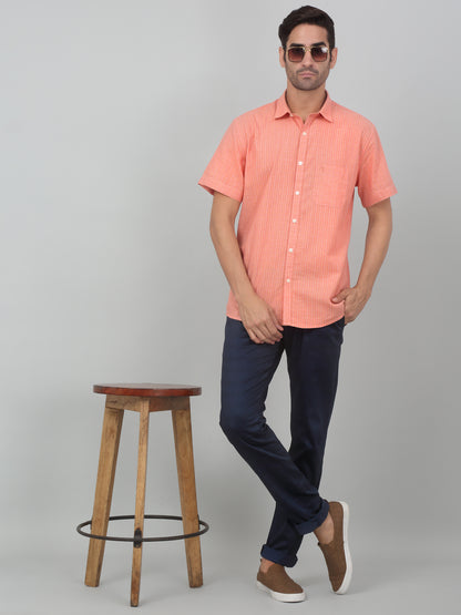 Men's Orange Casual Thin Stripe Half sleeve Shirt