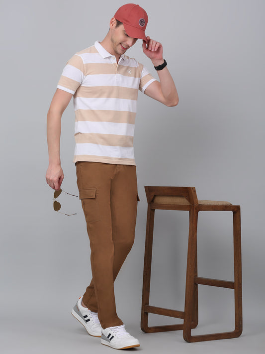 Men's Khaki Solid Full Length Stretchable Cargo