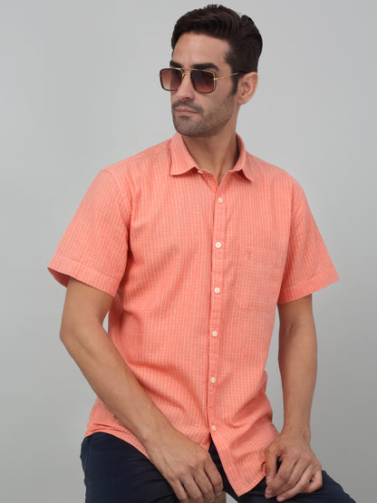 Men's Orange Casual Thin Stripe Half sleeve Shirt