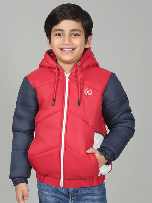 Boys Red Mock Neck Color Block Full Sleeves Casual Jacket