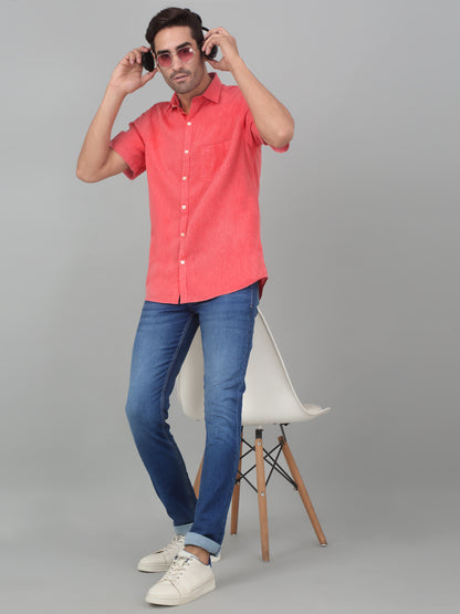 Men's Red Casual Plain Half sleeve Shirt