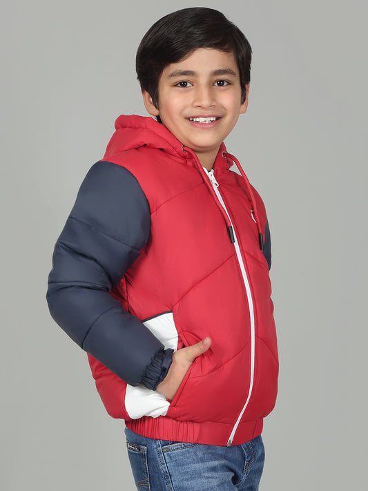 Boys Red Mock Neck Color Block Full Sleeves Casual Jacket