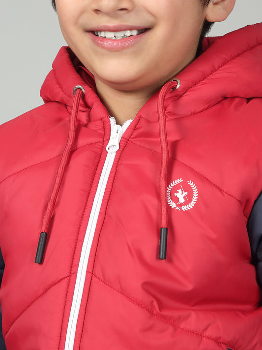 Boys Red Mock Neck Color Block Full Sleeves Casual Jacket