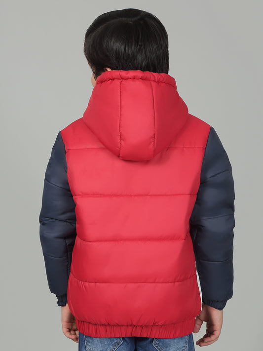 Boys Red Mock Neck Color Block Full Sleeves Casual Jacket