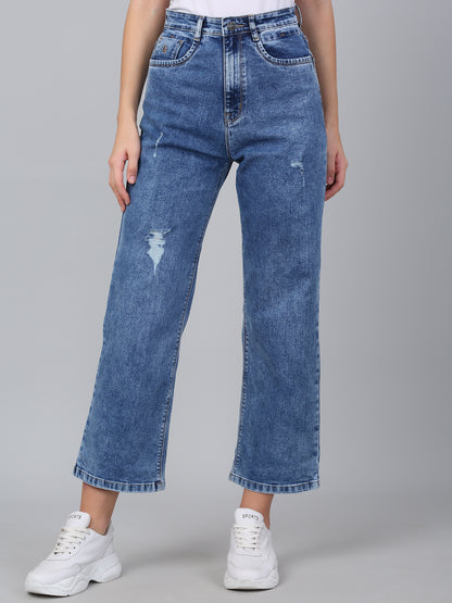 Women's Solid Blue Stretchable Wide Leg Jeans