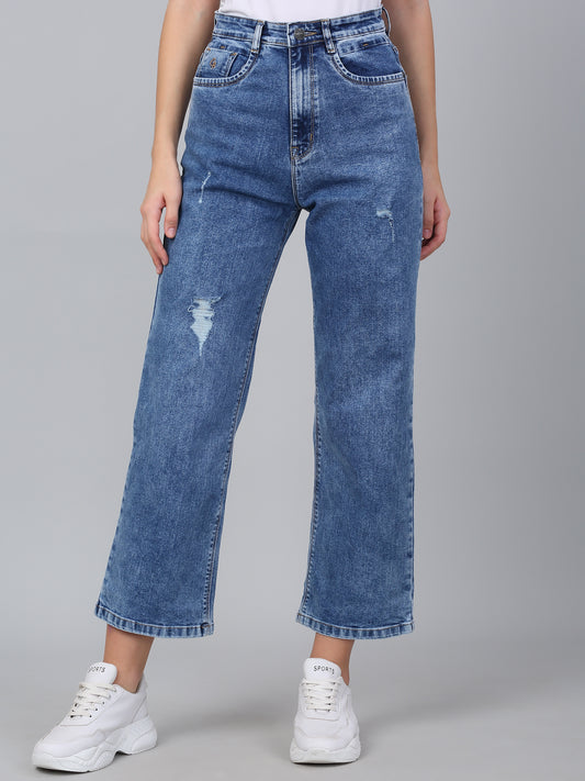 Women's Solid Blue Stretchable Wide Leg Jeans