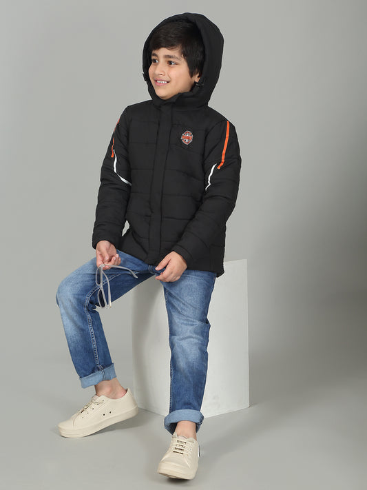 Boys Black Mock Neck Solid Full Sleeves Casual Jacket