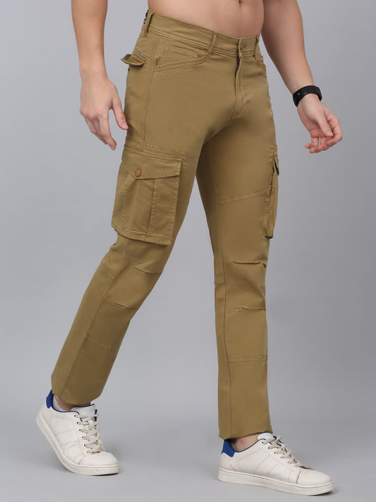 Men's Khaki Solid Full Length Stretchable Cargo