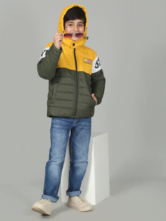 Boys Olive Mock Neck Color Block Full Sleeves Casual Jacket