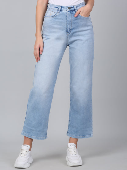 Women's Solid Light Blue Stretchable Wide Leg Jeans