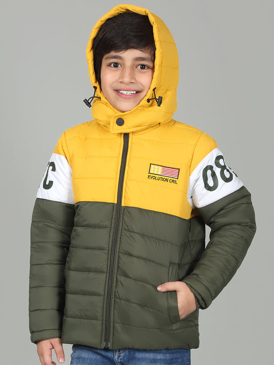 Boys Olive Mock Neck Color Block Full Sleeves Casual Jacket