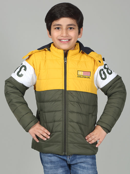 Boys Olive Mock Neck Color Block Full Sleeves Casual Jacket