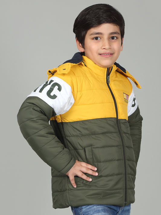 Boys Olive Mock Neck Color Block Full Sleeves Casual Jacket