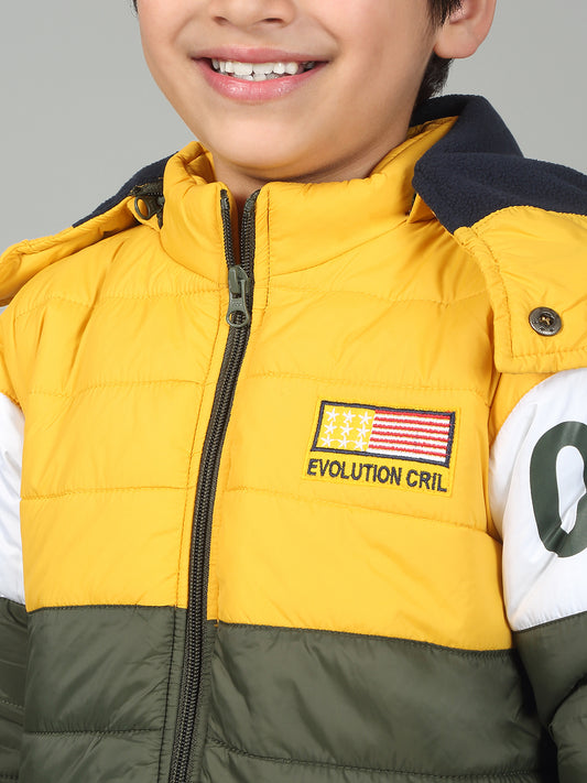 Boys Olive Mock Neck Color Block Full Sleeves Casual Jacket