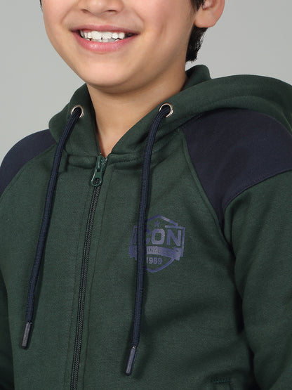 Boys Green Color Block Hooded Neck Full Sleeves Track Suit