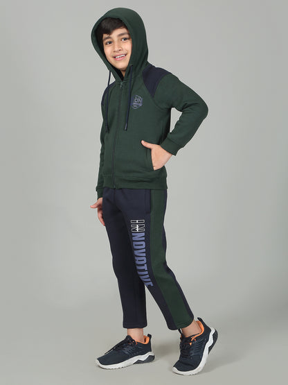 Boys Green Color Block Hooded Neck Full Sleeves Track Suit