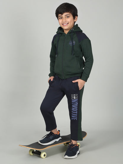 Boys Green Color Block Hooded Neck Full Sleeves Track Suit