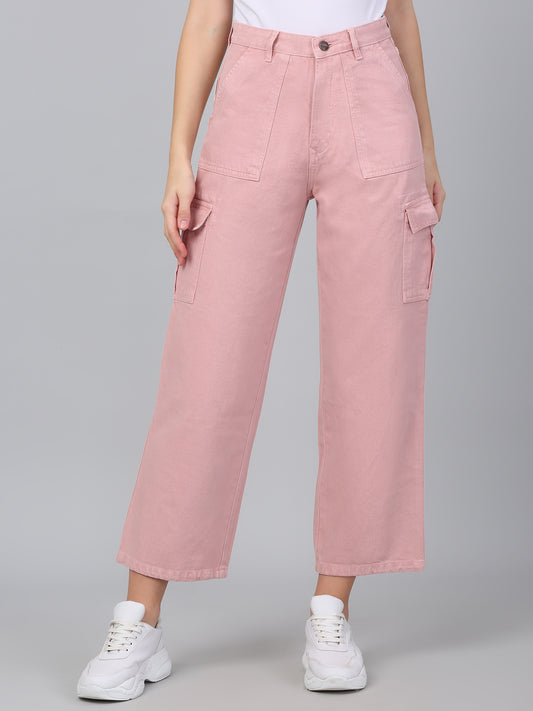 Women's Pink Solid Denim Wide Leg Cargo