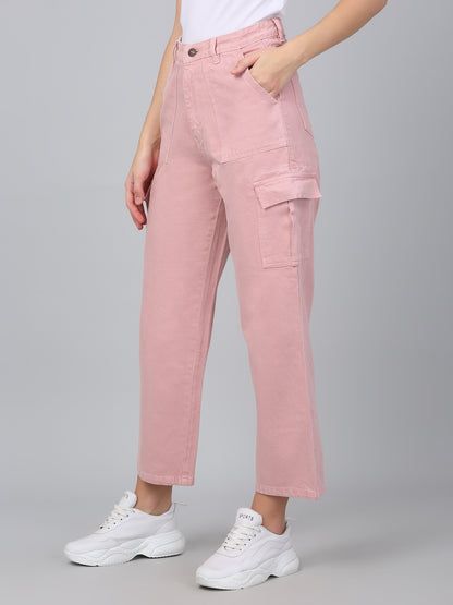 Women's Pink Solid Denim Wide Leg Cargo