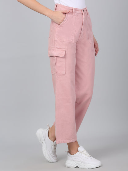 Women's Pink Solid Denim Wide Leg Cargo