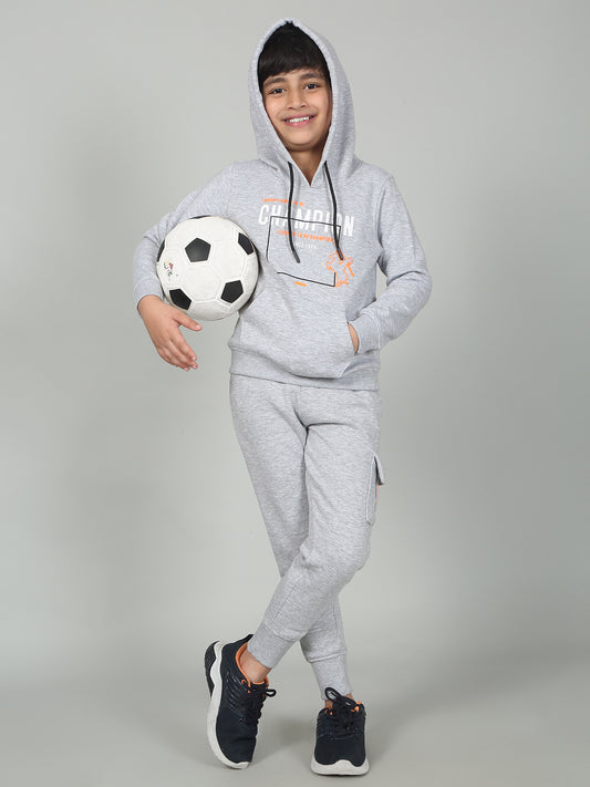 Boys Grey Printed Hooded Neck Full Sleeves Track Suit