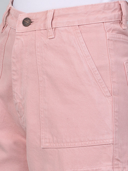 Women's Pink Solid Denim Wide Leg Cargo