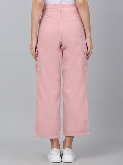 Women's Pink Solid Denim Wide Leg Cargo