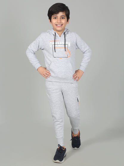 Boys Grey Printed Hooded Neck Full Sleeves Track Suit