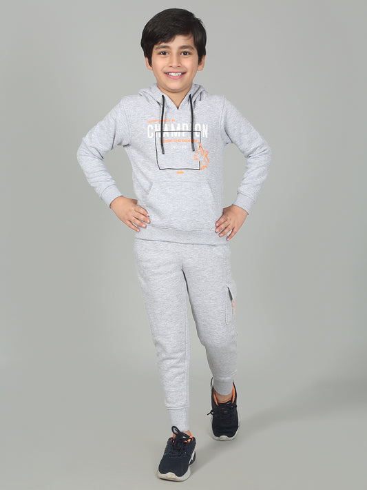 Boys Grey Printed Hooded Neck Full Sleeves Track Suit