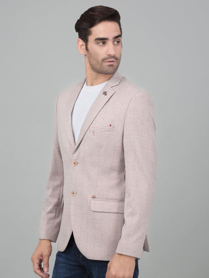 Cantabil Men Peach Checkered Notch Lapel Casual Blazer