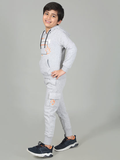 Boys Grey Printed Hooded Neck Full Sleeves Track Suit