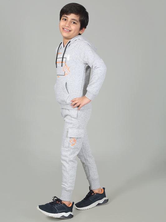 Boys Grey Printed Hooded Neck Full Sleeves Track Suit