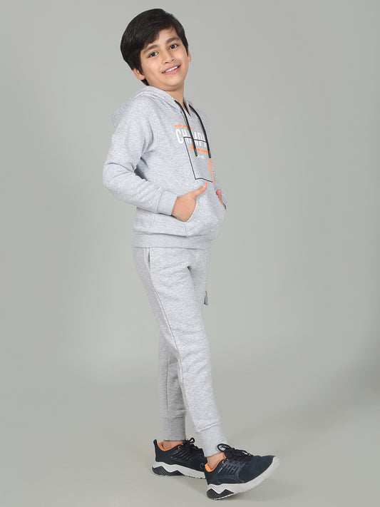 Boys Grey Printed Hooded Neck Full Sleeves Track Suit