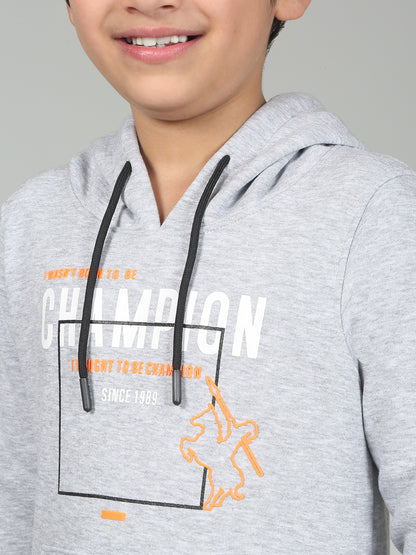 Boys Grey Printed Hooded Neck Full Sleeves Track Suit