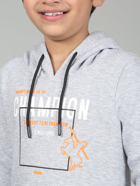 Boys Grey Printed Hooded Neck Full Sleeves Track Suit