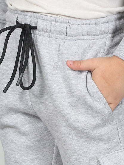 Boys Grey Printed Hooded Neck Full Sleeves Track Suit