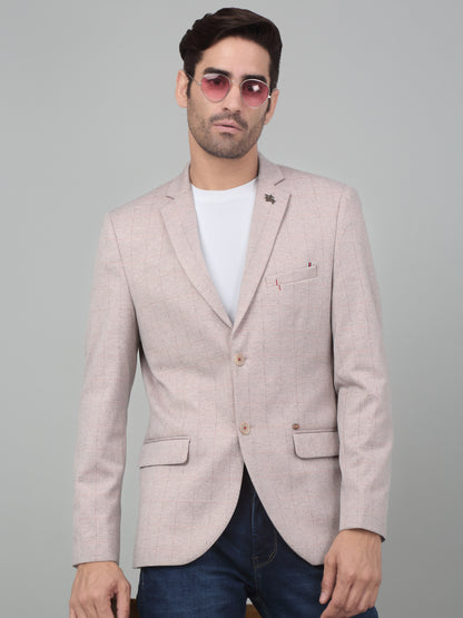 Cantabil Men Peach Checkered Notch Lapel Casual Blazer