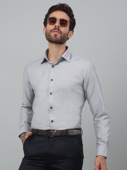 Men's Light Grey Formal Self Textured Full Sleeve Shirt