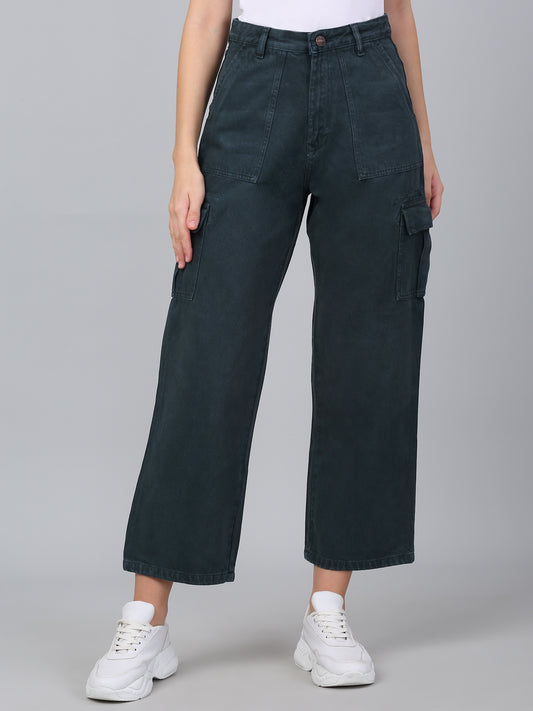 Women's Dark Green Solid Denim Wide Leg Cargo