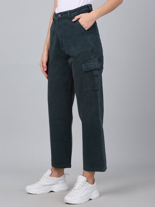 Women's Dark Green Solid Denim Wide Leg Cargo