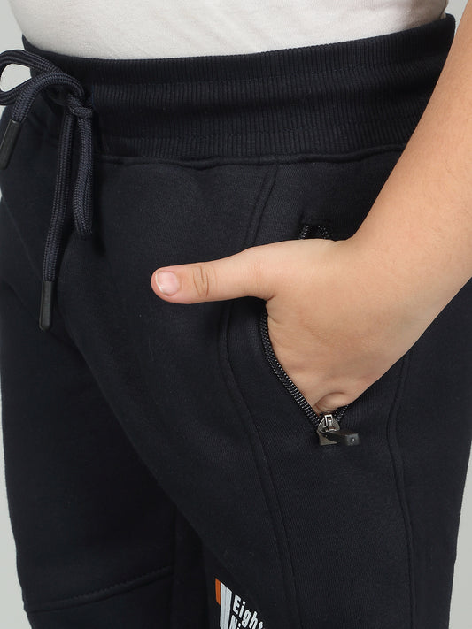 Boys Navy Blue Solid Casual Track Pant
