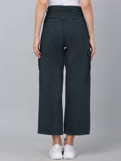 Women's Dark Green Solid Denim Wide Leg Cargo