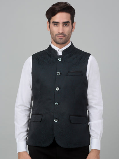 Men's Green Self Design Party Wear Waistcoat