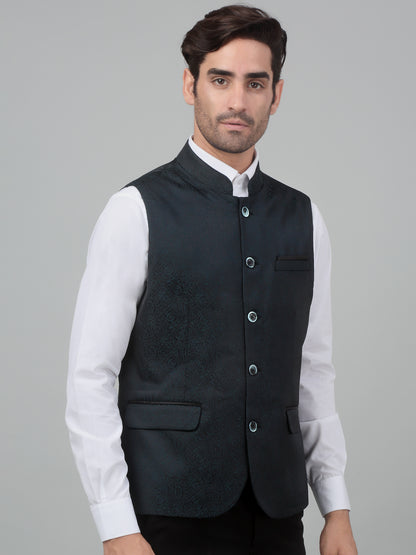 Men's Green Self Design Party Wear Waistcoat