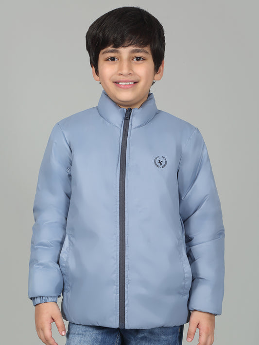 Boys Sky Blue Mock Neck Color Block Full Sleeves Casual Jacket