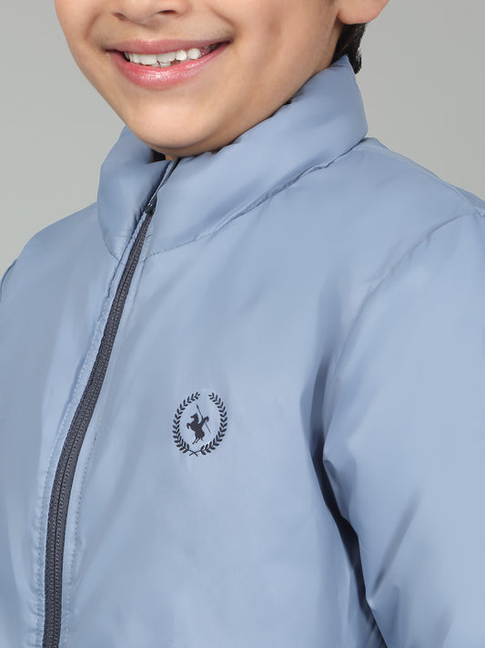 Boys Sky Blue Mock Neck Color Block Full Sleeves Casual Jacket