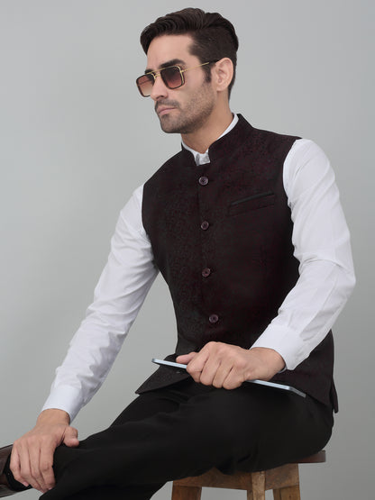 Men's Wine Self Design Party Wear Waistcoat