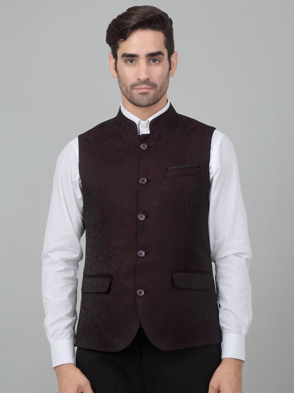 Men's Wine Self Design Party Wear Waistcoat