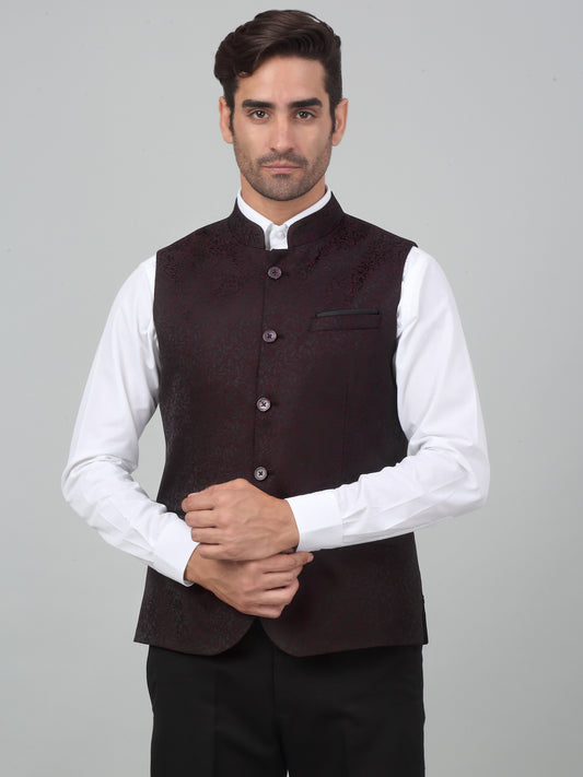 Men's Wine Self Design Party Wear Waistcoat