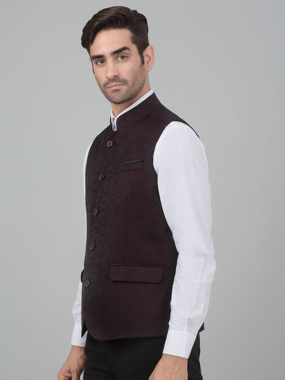 Men's Wine Self Design Party Wear Waistcoat